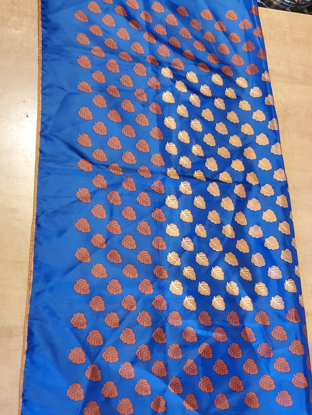 totes Blue Satin Scarf with Gold and Copper Leaf Motif